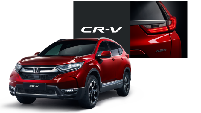 Driekwart vooraanzicht van Honda CR-V met close-up van achterlichten en CR-V-logo.