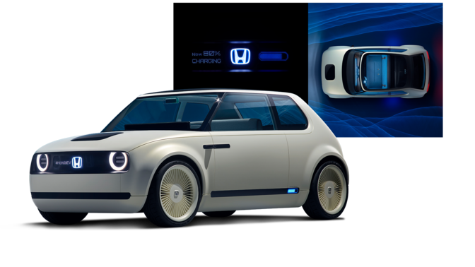 Driekwart vooraanzicht van Honda Clarity Fuel Cell met Honda-logo.