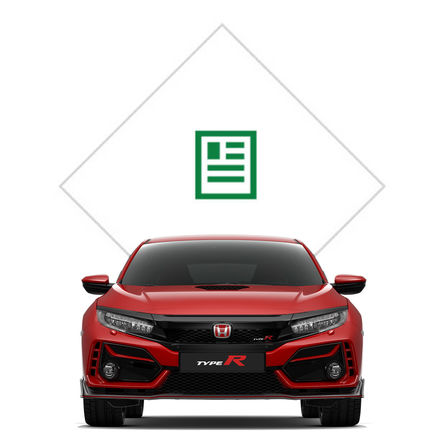Vooraanzicht van Honda Civic Type R met brochure-illustratie.