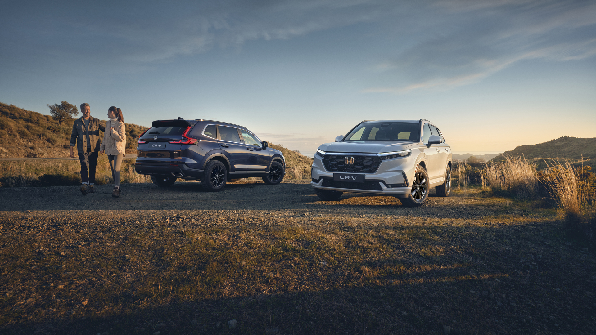 Koppel loopt weg van geparkeerde CR-V's
