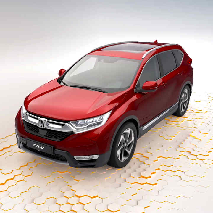 Driekwart vooraanzicht van de Honda CR-V met illustraties.