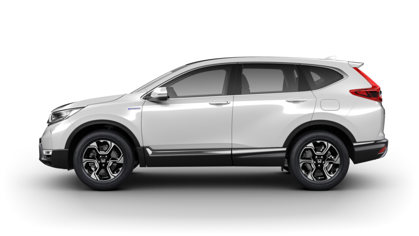 Zijaanzicht Honda CR-V Hybrid in Platinum White Pearl.