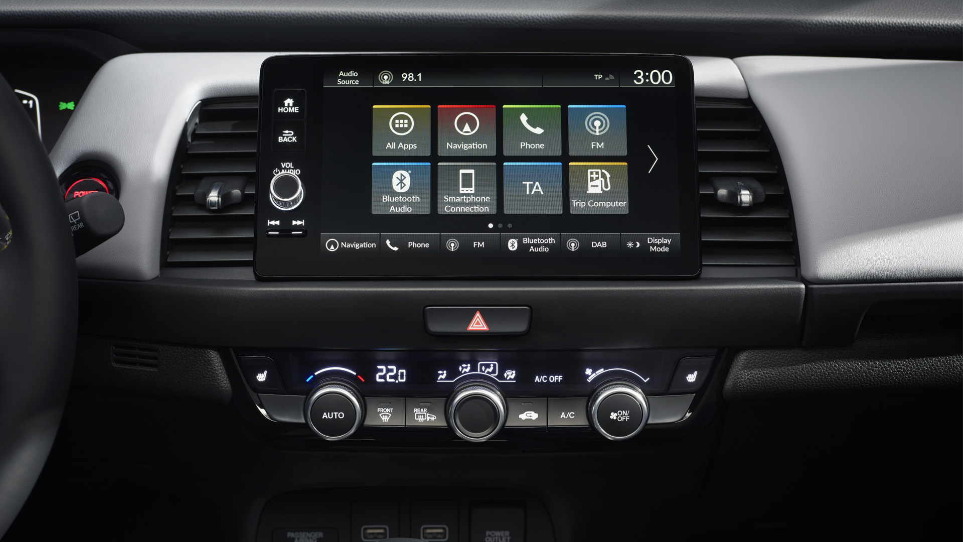Close-up van het infotainmentscherm in de Honda Jazz Hybrid.