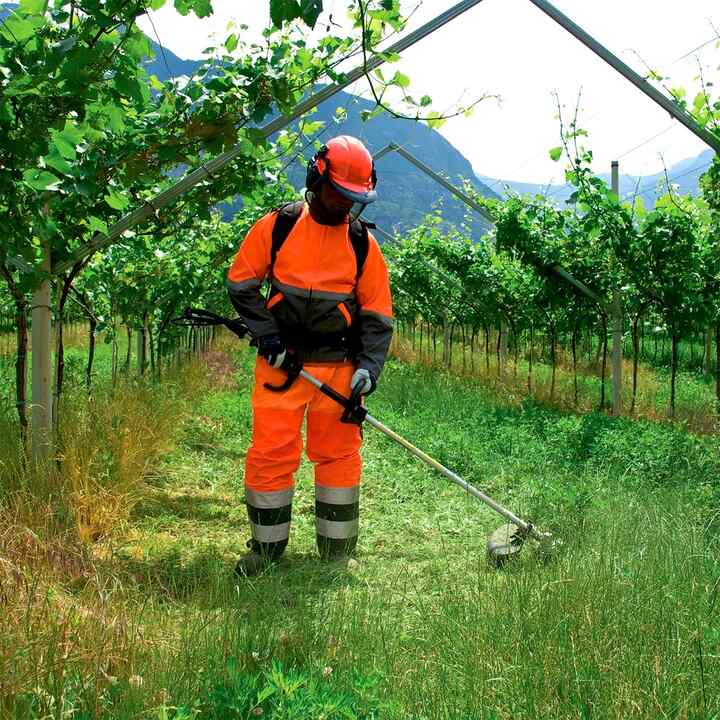 Model met Honda ruggedragen bosmaaier op locatie in het veld.