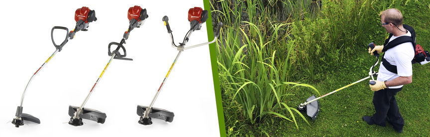 Links: 3x Honda bosmaaiers Rechts: Bosmaaier in gebruik door model, tuinlocatie.