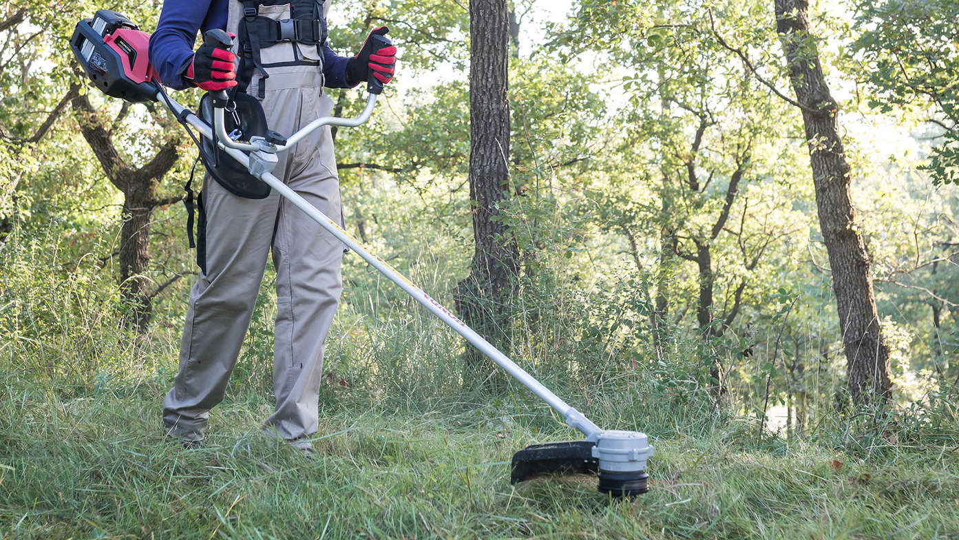 Front-three quarter view of Honda cordless brushcutter with model in a field.