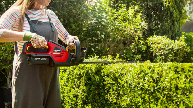 Dame met Honda accu-heggenschaar knipt haag in tuin