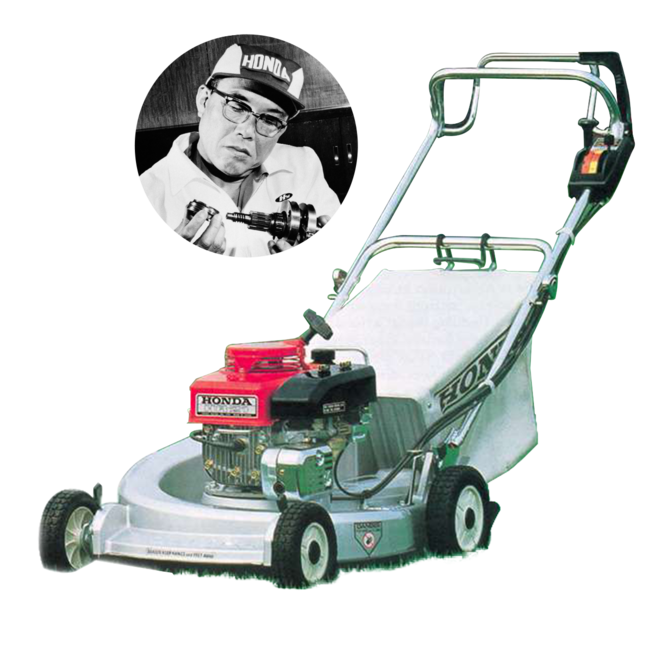 Driekwart vooraanzicht van Honda-grasmaaier met Soichiro Honda.