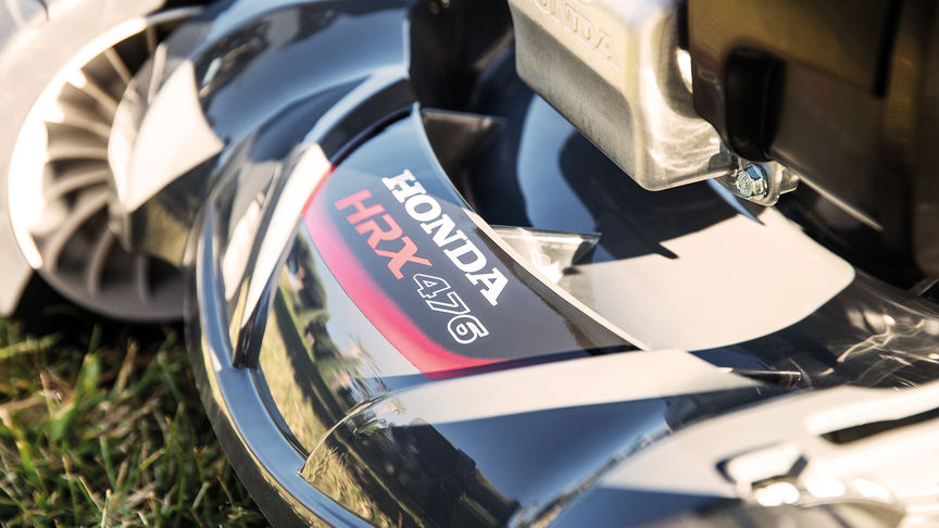 Close-up van maaidek van Honda HRX-grasmaaier.