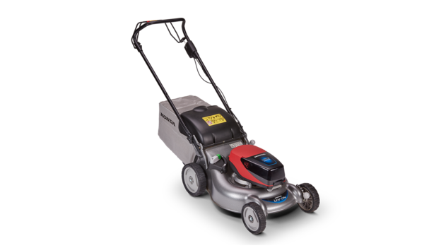 Honda accu grasmaaier, driekwart vooraanzicht, zicht op rechterkant.