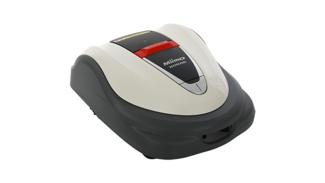 Links: Miimo naar rechts gericht. Midden: grasmaaier naar rechts gericht, driekwart vooraanzicht Rechts: zitmaaier, driekwart vooraanzicht, naar rechts gericht.