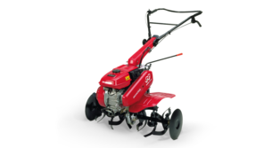 3/4 zicht op linkerkant van compacte tuinfrees.