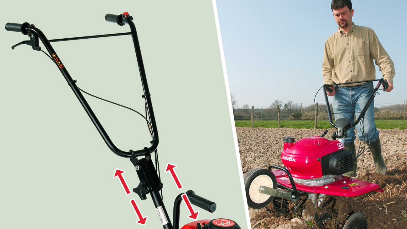 Links: Minituinfrees met focus op in hoogte verstelbare hendel. Rechts: Minituinfrees in gebruik, tuinlocatie.