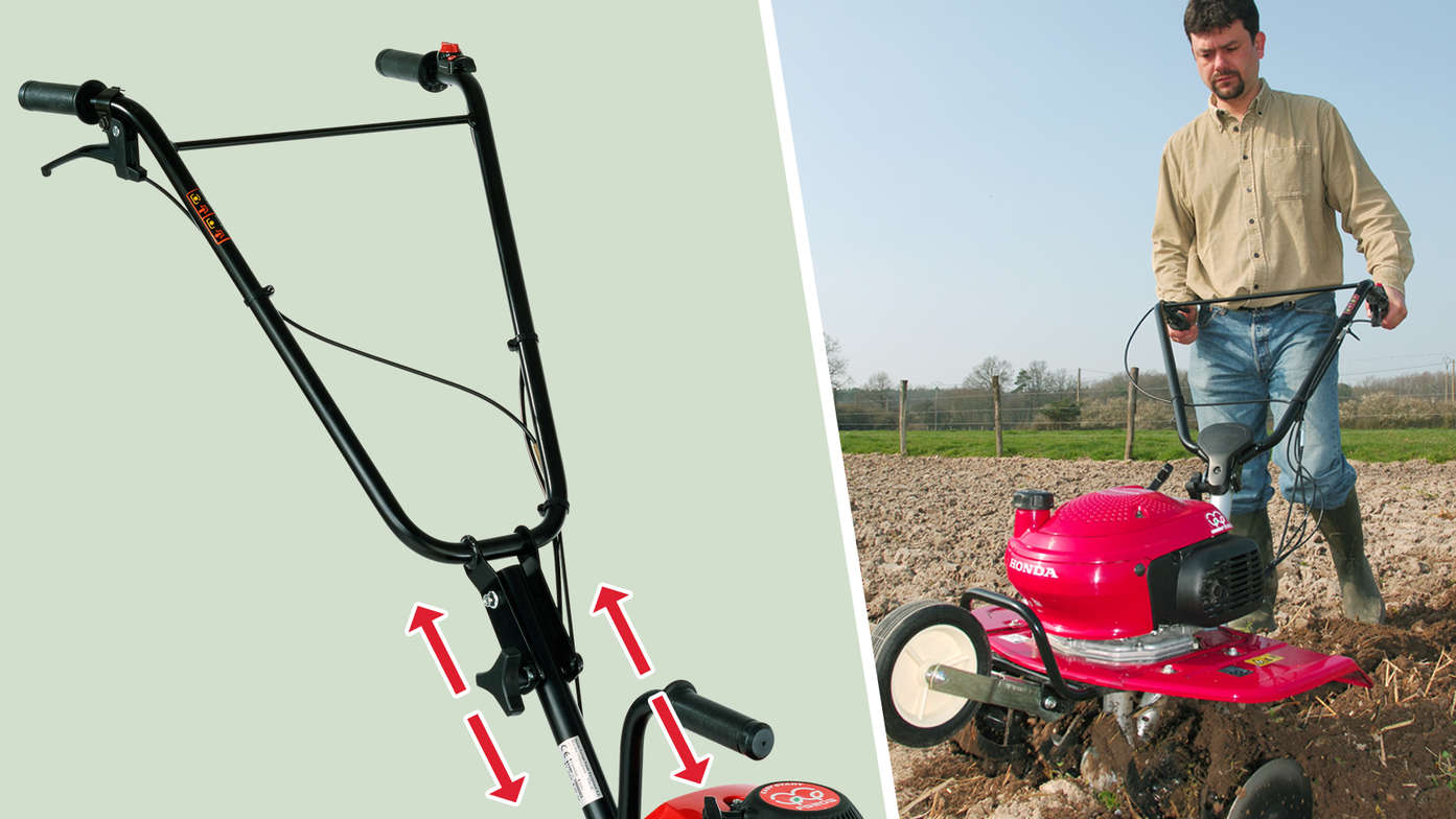 Links: Minituinfrees met focus op in hoogte verstelbare hendel. Rechts: Minituinfrees in gebruik, tuinlocatie.