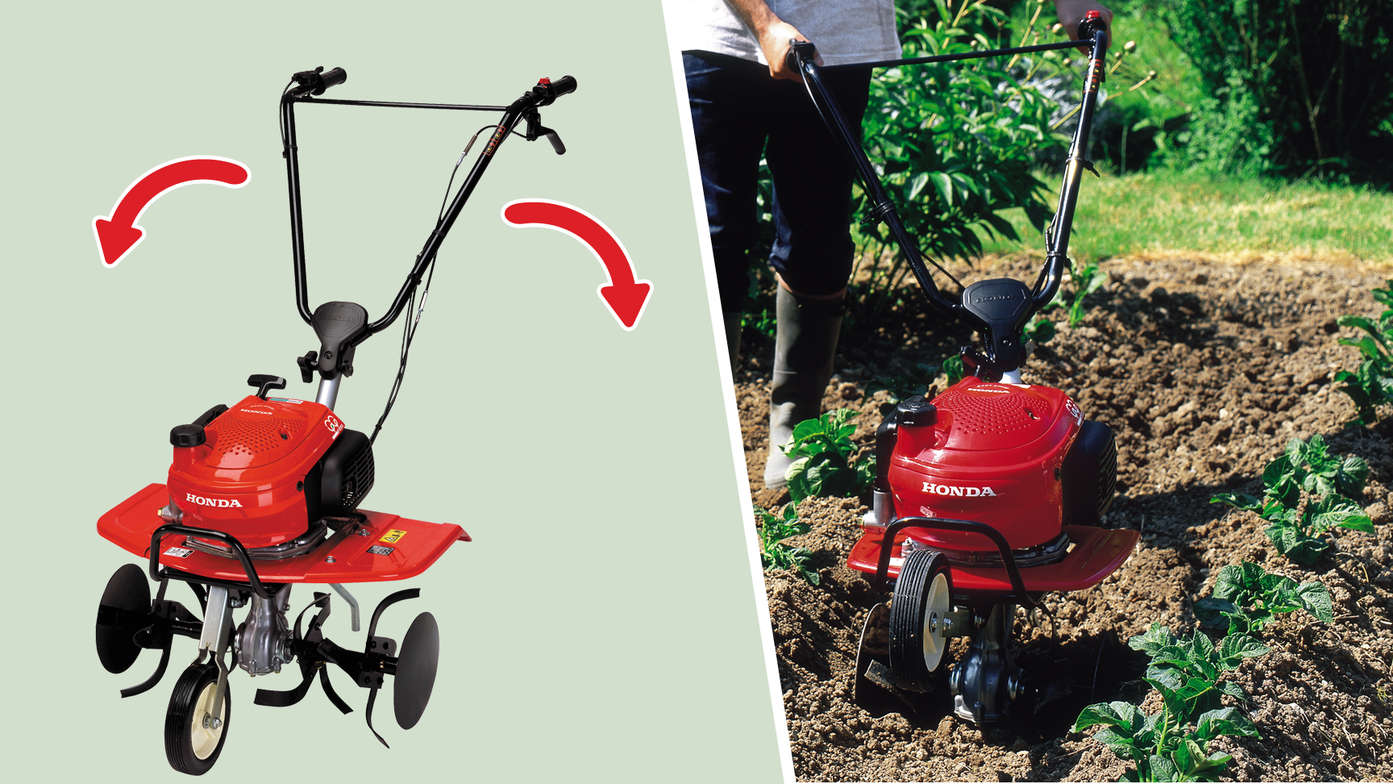 Links: Minituinfrezen met focus op draaiende hendel. Rechts: Minituinfrees, tuinlocatie.