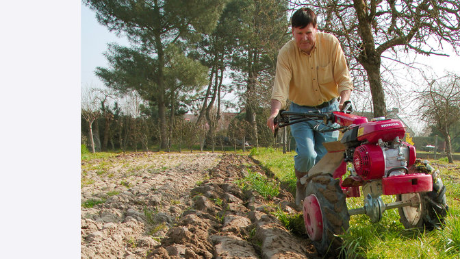 Tweewielige trekker, in gebruik door model, tuinlocatie.