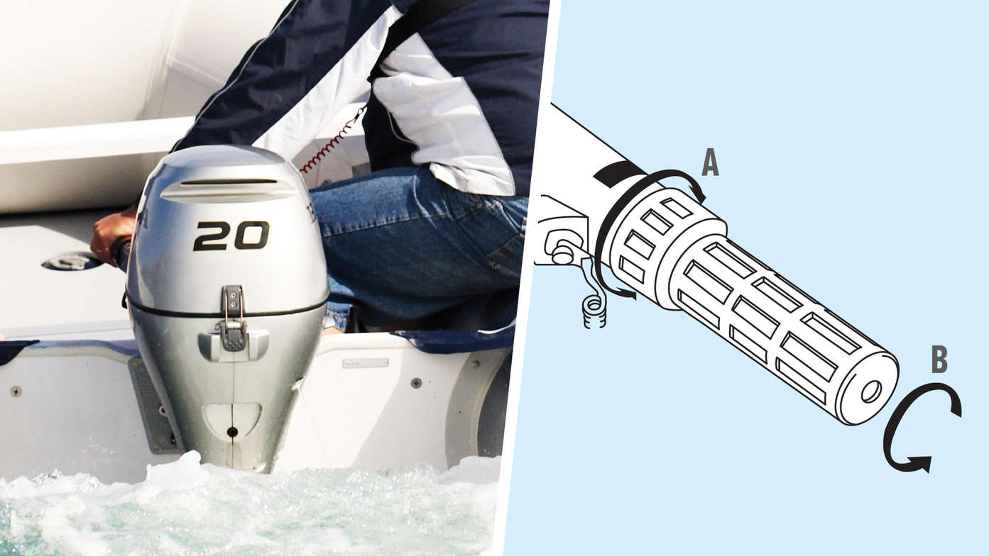 Left: Close up of BF20 engine, coastal location. Right: Illustration of Forward Mount Shift Lever.