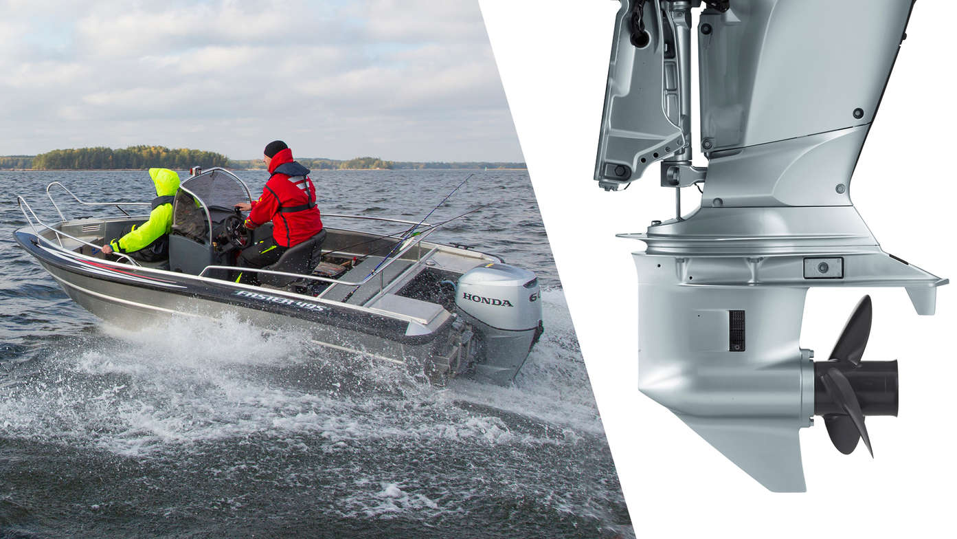 Left: Boat using Honda engine, being used by models, coastal location. Right: Close up of gear case.