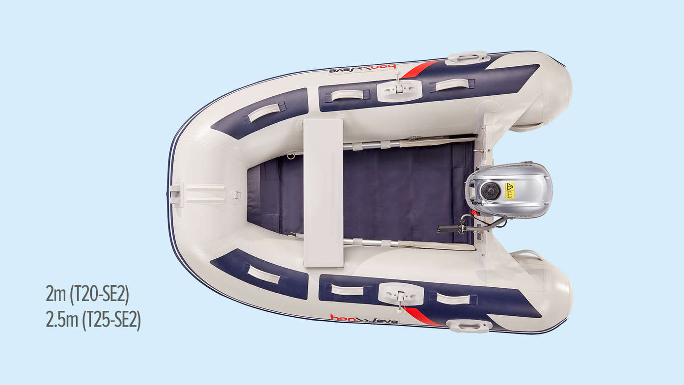 Links: Honda opblaasboot met lattenbodem Rechts: Close-up van opblaasboot met lattenbodem.