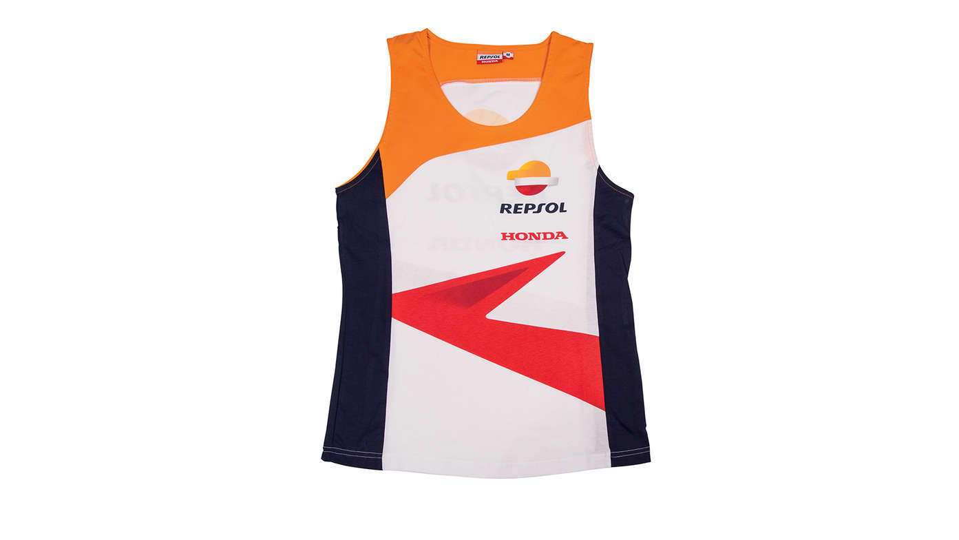 Topje voor vrouwen Honda MotoGPteamkleuren met Repsol-logo.