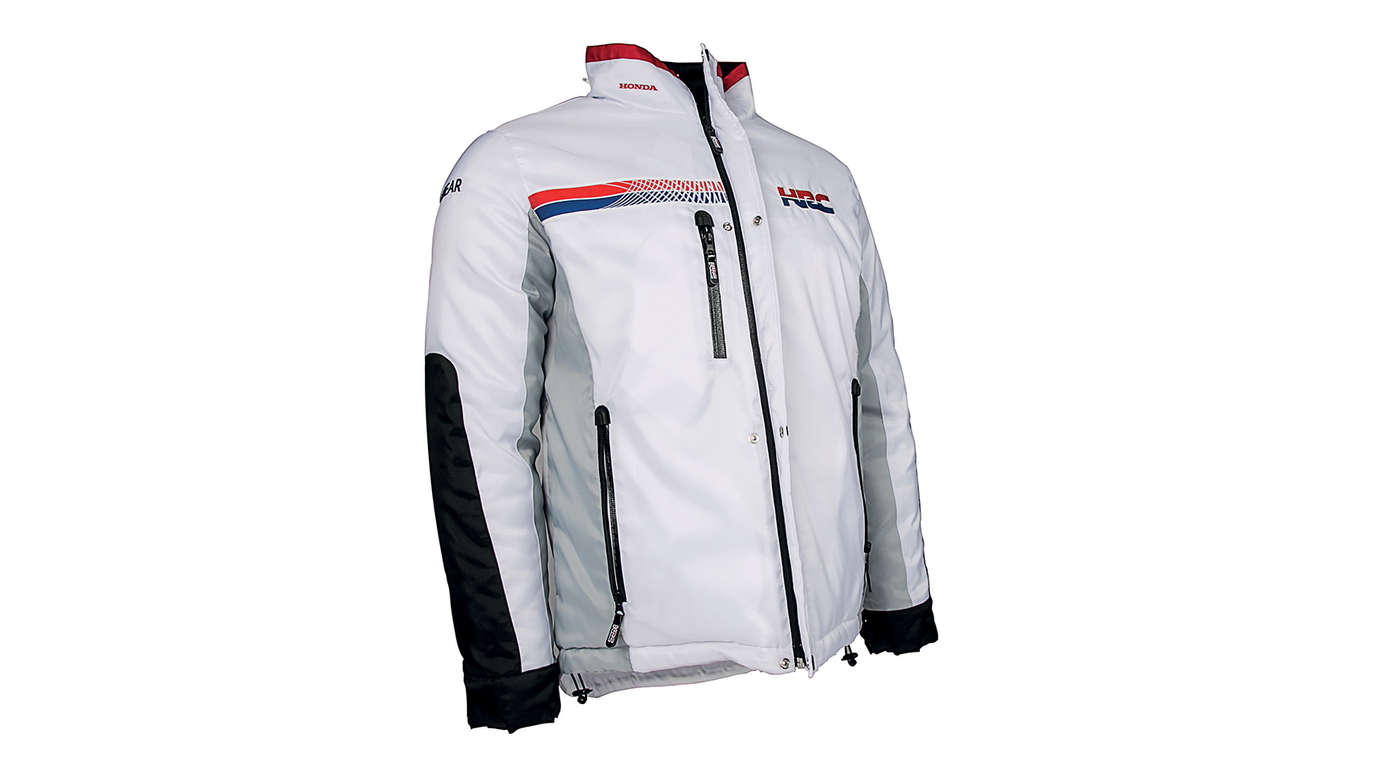 Witte Honda Winterjas met HRC-teamkleuren en logo.