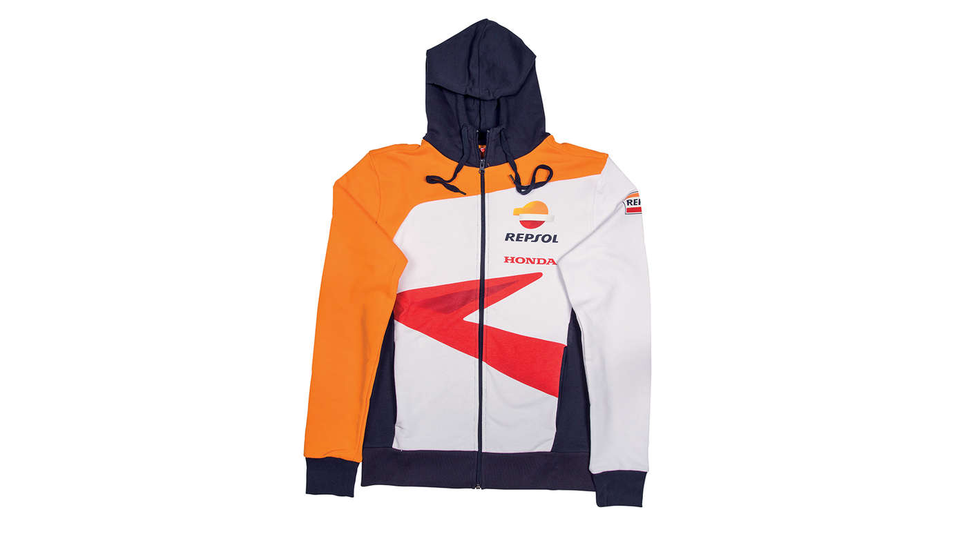 Honda hoodie met MotoGP teamkleuren en Repsol-logo.