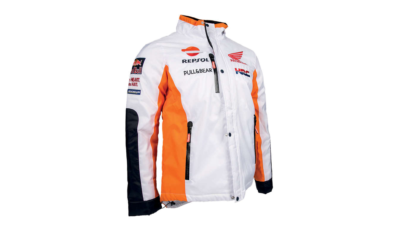 Witte Honda winterjas met MotoGP teamkleuren en Repsol-logo.