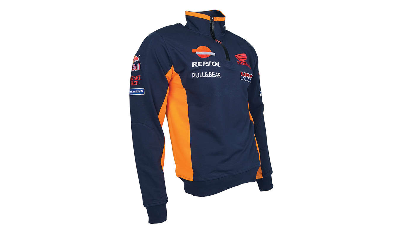 Blauwe Honda sweatshirt met MotoGP-teamkleuren en Repsol-logo.