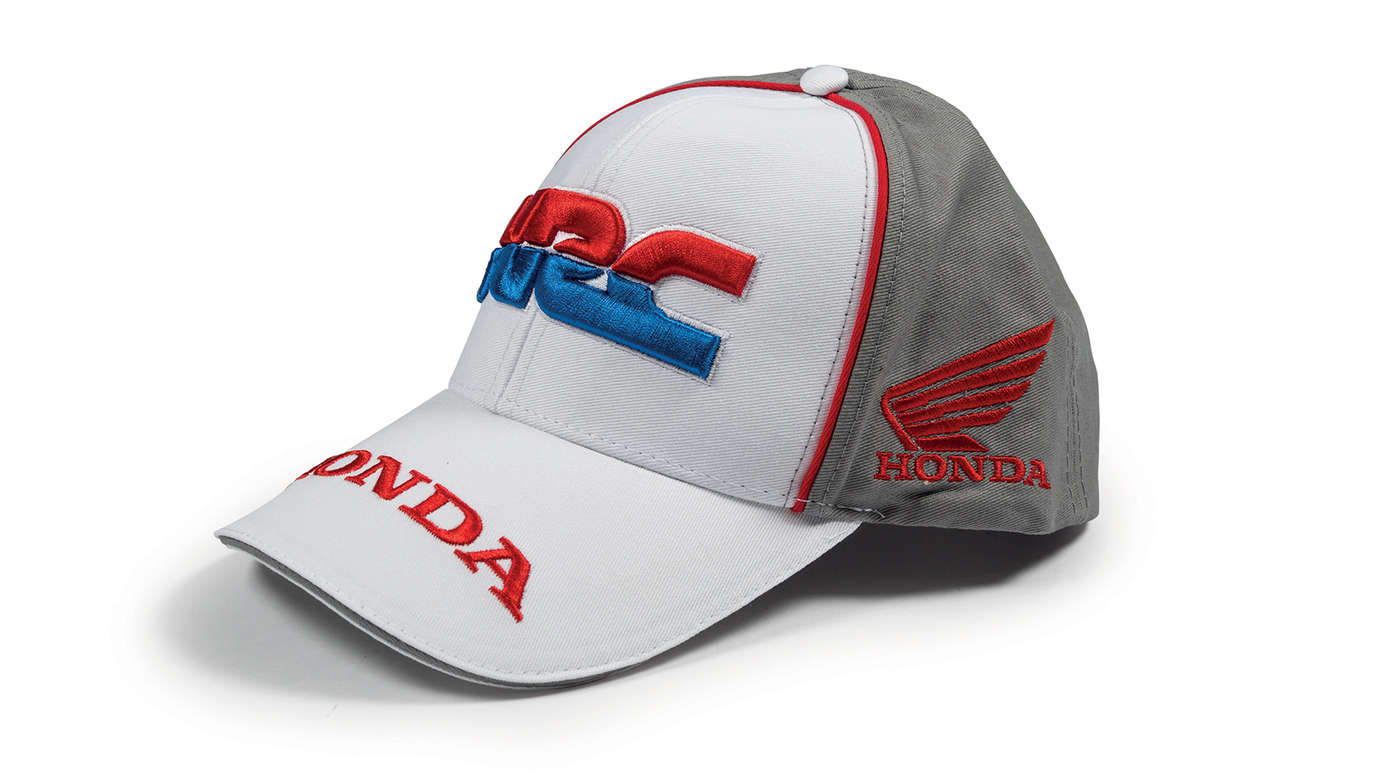 Baseball cap met Honda HRC teamkleuren en logo Honda Racing Corporation.