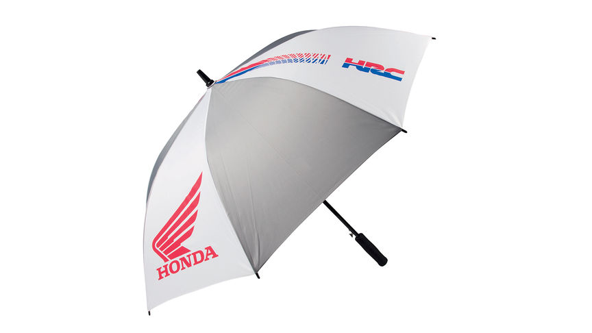 Grijs-witte Honda HRC-paraplu in HRC-kleuren met Honda wings-logo.
