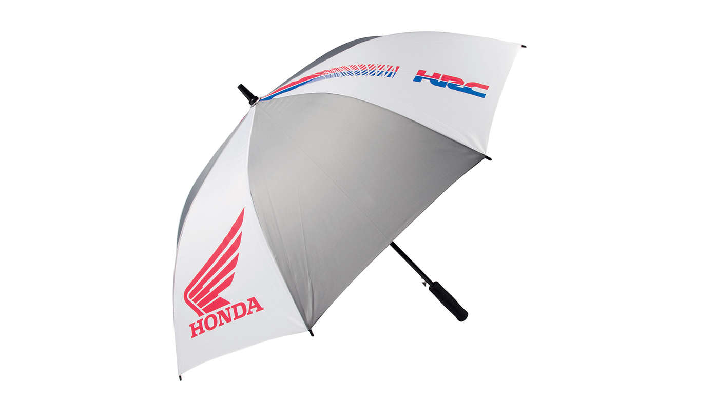 Grijs-witte Honda HRC-paraplu in HRC-kleuren met Honda Wings-logo.