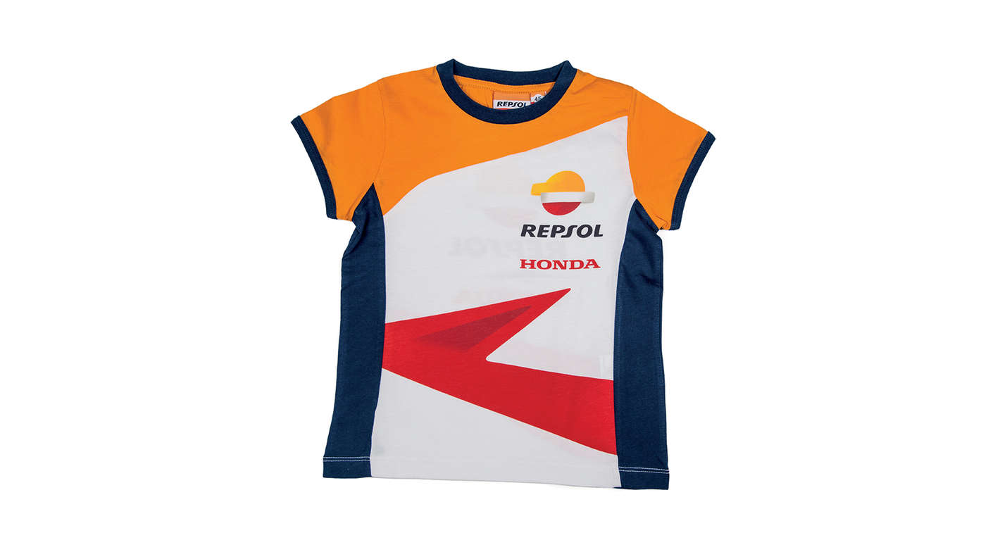 Honda Repsol kinder-T-shirt met Honda MotoGP-kleuren en Repsol-logo.