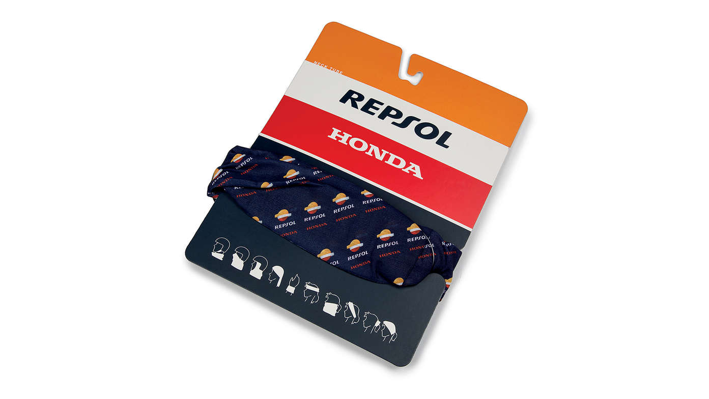 Honda Repsol nekwarmer met Honda MotoGP-teamkleuren en Repsol-logo.
