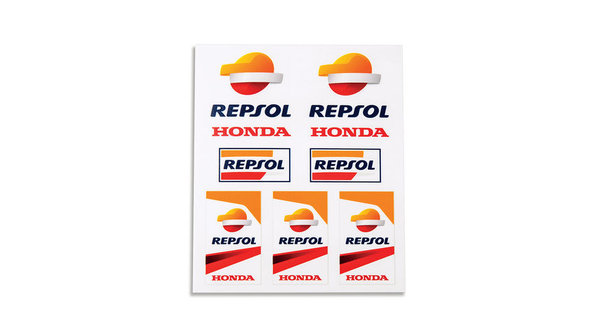 Vinyl Honda Repsol stickerset met Honda MotoGP-kleuren en Repsol-logo.