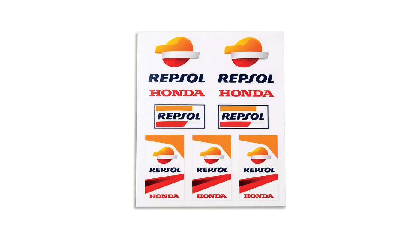 Honda Repsol vinyl stickerset met Honda MotoGP-teamkleuren en Repsol-logo.
