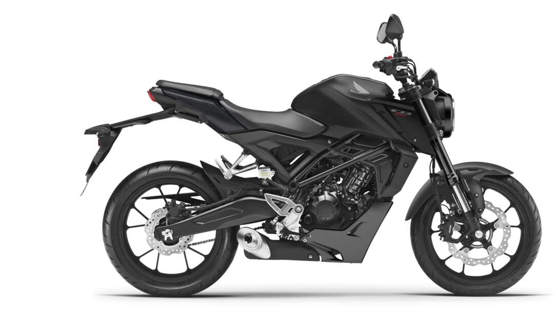 Honda CB125R, rechterkant studiobeeld, zwarte motor
