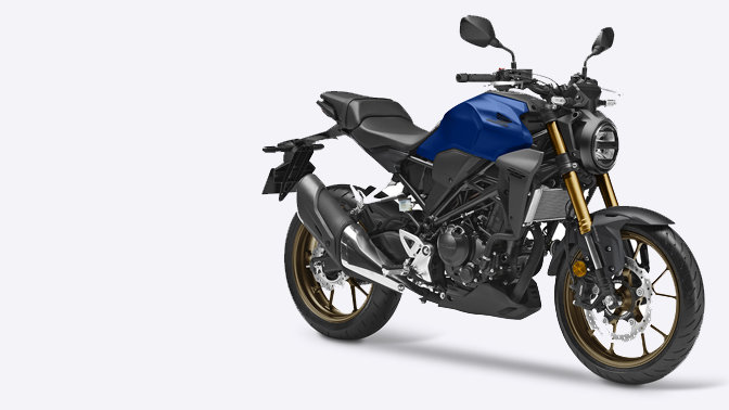 Driekwart vooraanzicht Honda CB300R Neo Sports Café.