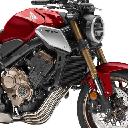 CB650R Neo Sports Café, rechterkant, ingezoomd op motor en voorwiel, studiobeeld
