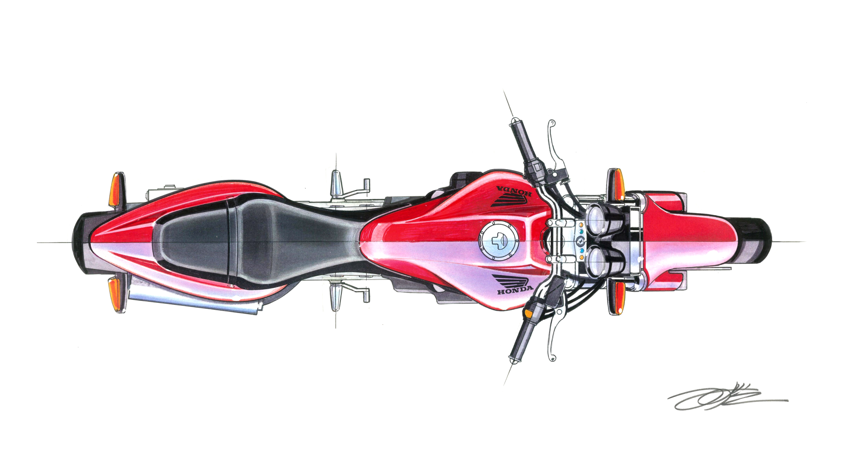 Bovenaanzicht ontwerpschetsen van de Honda Hornet.