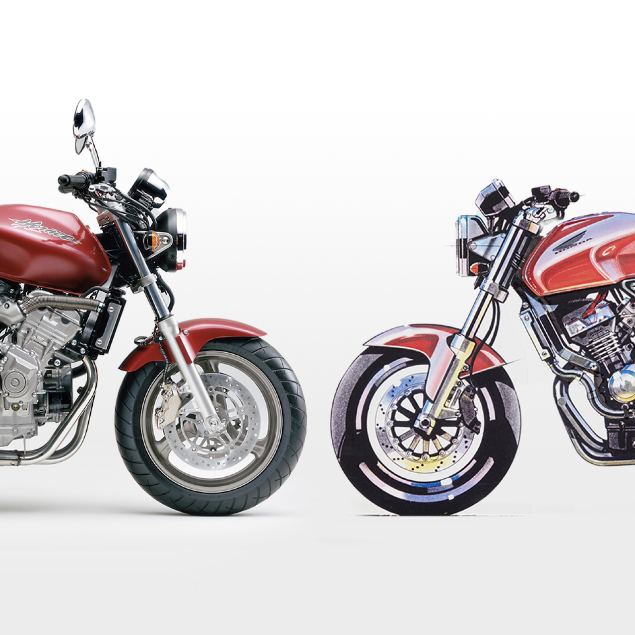 Zijaanzicht twee Honda Hornets met voorzijde naar elkaar.