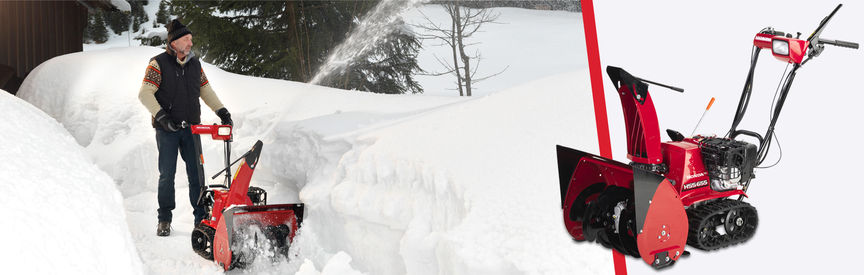 Links: sneeuwfrees uit de 6-serie in gebruik door model, tuinlocatie. Rechts: driekwart vooraanzicht, met zicht op linkerkant van sneeuwfrees uit de 6-serie.