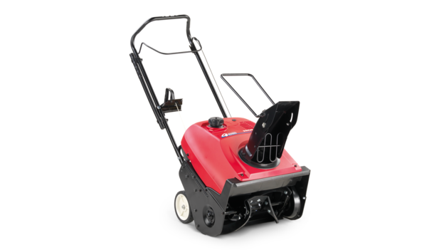 Driekwart aanzicht van rechterkant van enkeltraps sneeuwblazer.